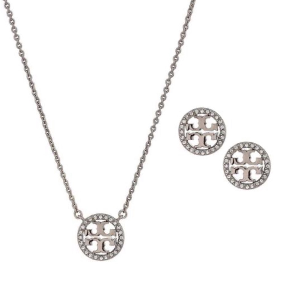 TORY BURCH • Silver Crystal Necklace Earrings Set